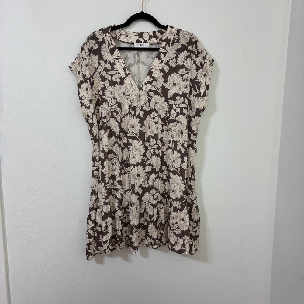 Carly Jean Floral Boho Dress Smocked Tiered Cottagecore Lagenlook Brown Women L